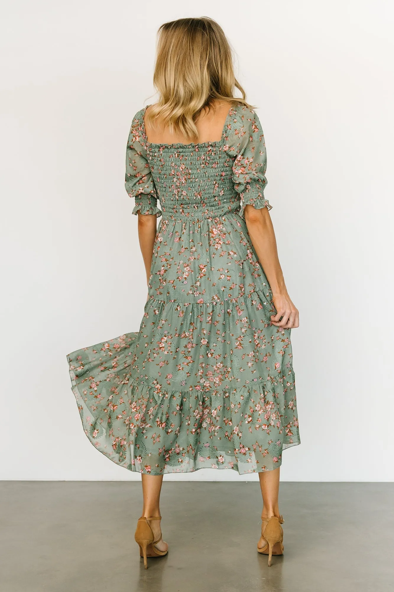 Fabian Jacquard Midi Dress | Eucalyptus + Pink sold by Baltic Born product image thumbnail 5