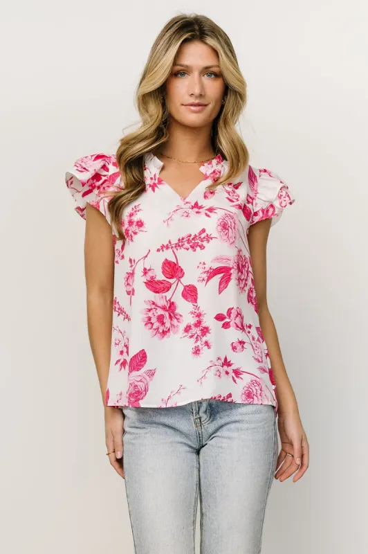 Estelle Ruffle Top | White + Pink Floral sold by Baltic Born