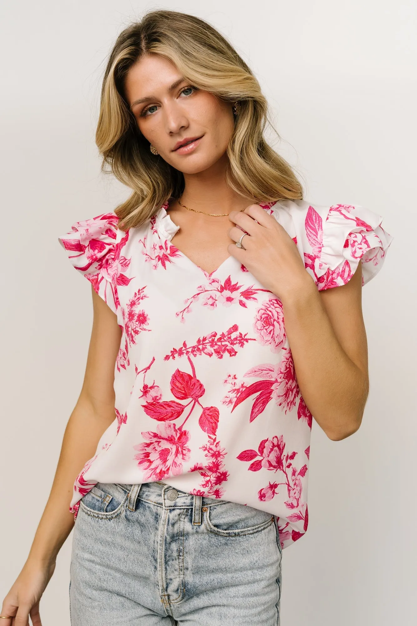 Estelle Ruffle Top | White + Pink Floral sold by Baltic Born product image thumbnail 5