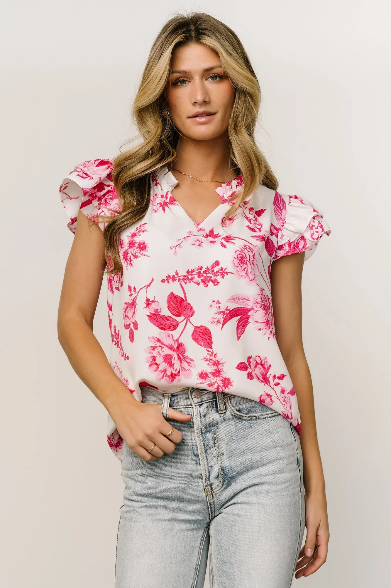 Estelle Ruffle Top | White + Pink Floral sold by Baltic Born product image thumbnail 3