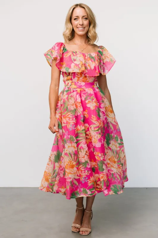 Kartini Off Shoulder Midi Dress | Fuchsia Multi sold by Baltic Born