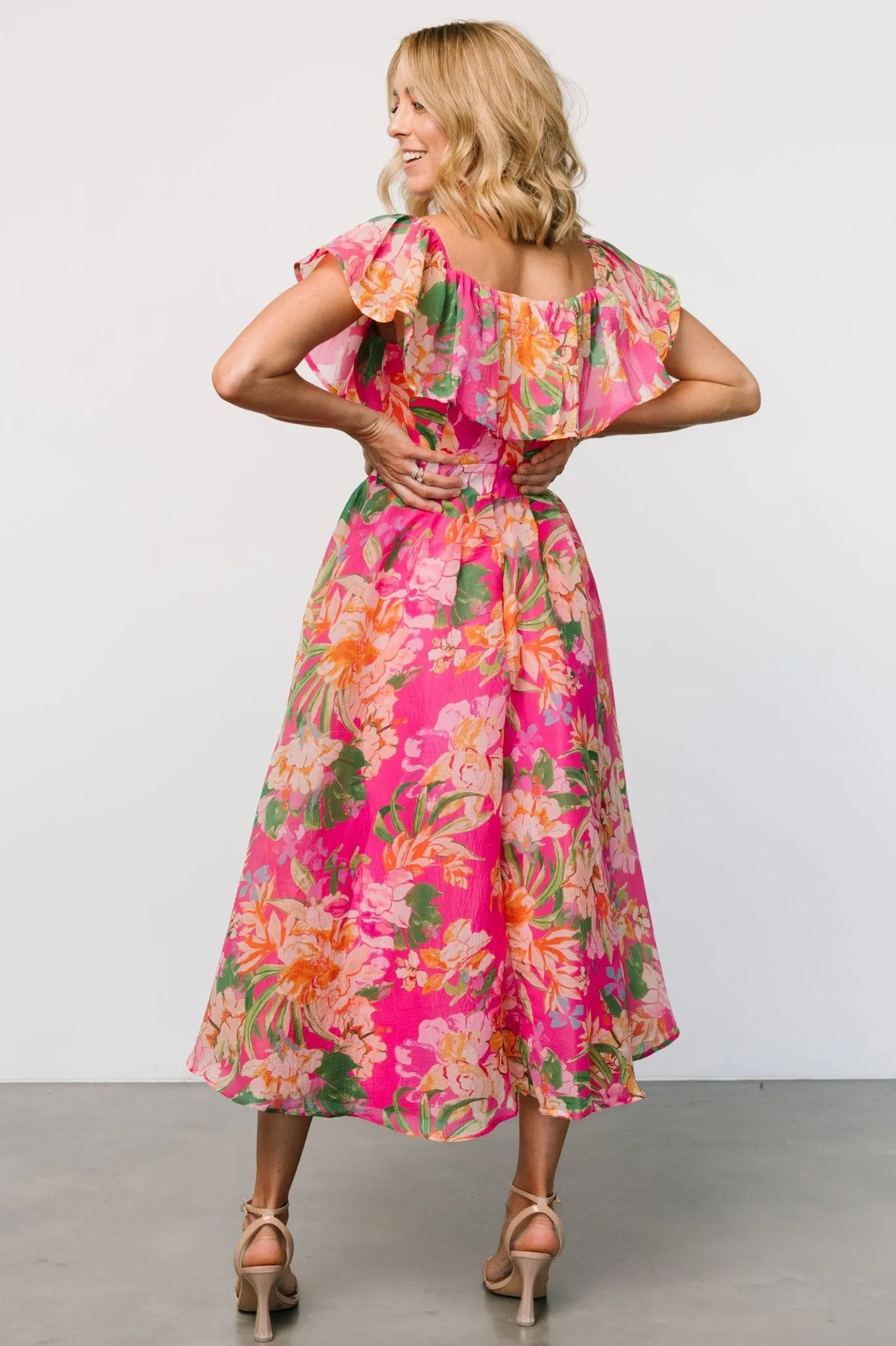 Kartini Off Shoulder Midi Dress | Fuchsia Multi sold by Baltic Born product image thumbnail 5