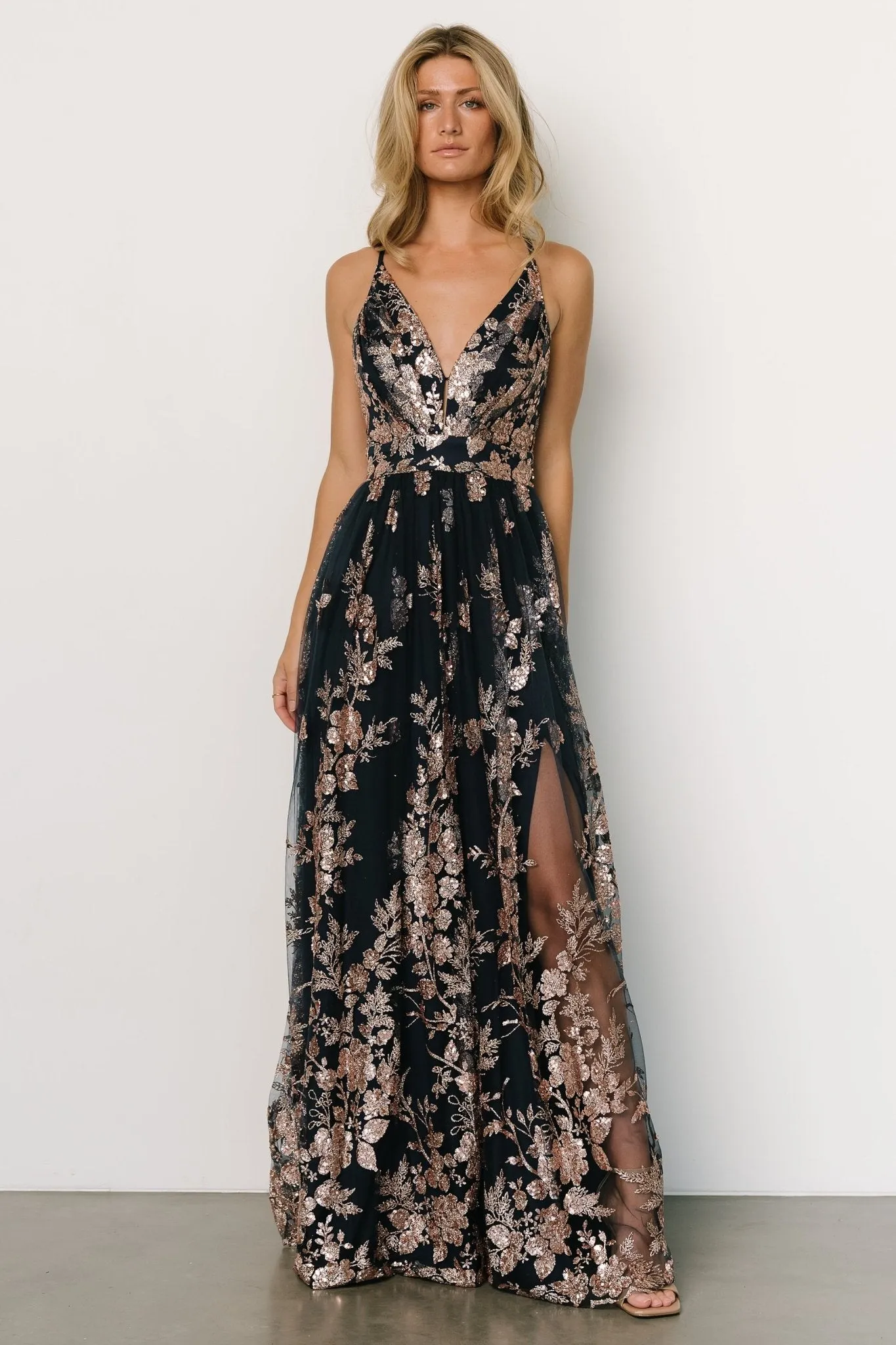 Lucienne Shimmer Maxi Gown | Navy + Rose Gold sold by Baltic Born