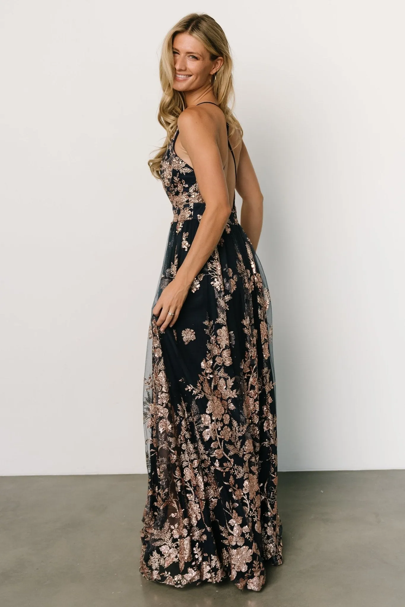Lucienne Shimmer Maxi Gown | Navy + Rose Gold sold by Baltic Born product image thumbnail 4