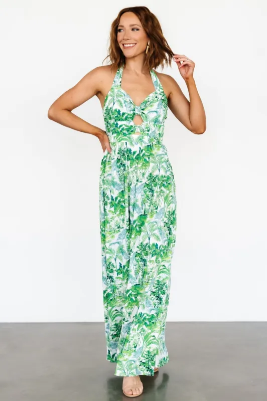Myra Halter Jumpsuit | Green Print sold by Baltic Born