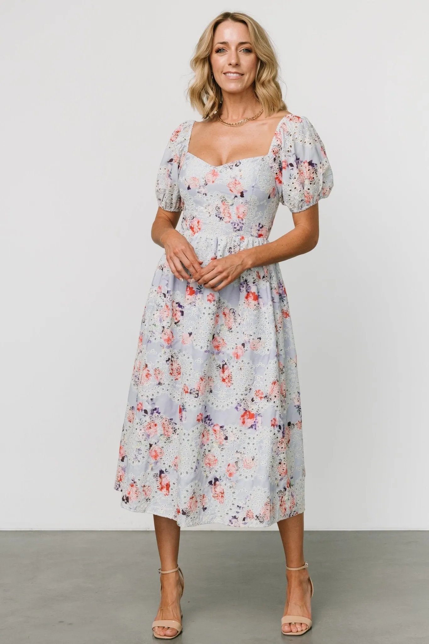 Leila Eyelet Midi Dress | Light Blue Floral sold by Baltic Born