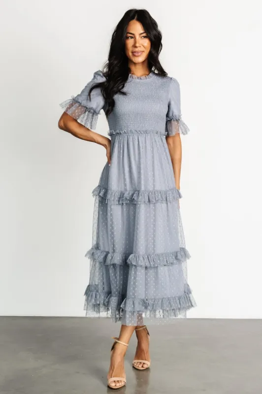 Lysandra Smocked Dot Dress | Dusty Slate sold by Baltic Born