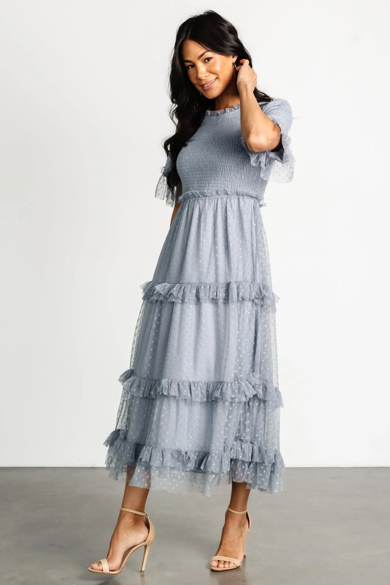 Lysandra Smocked Dot Dress | Dusty Slate sold by Baltic Born product image thumbnail 3