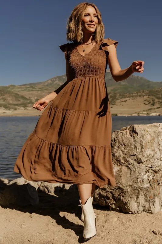 Brandie Smocked Midi Dress | Brown sold by Baltic Born
