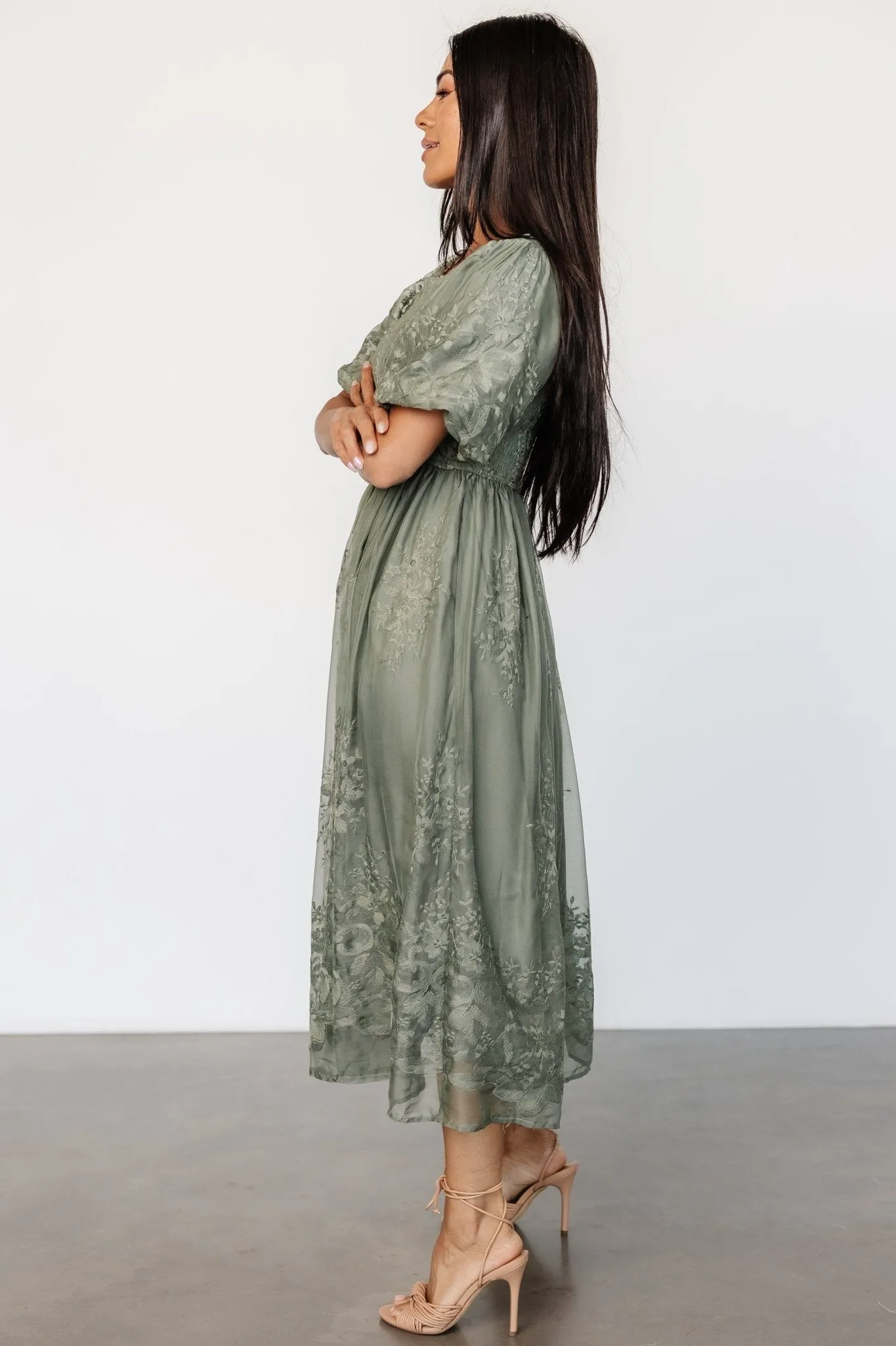 Corrine Embroidered Midi Dress | Deep Sage sold by Baltic Born product image thumbnail 5