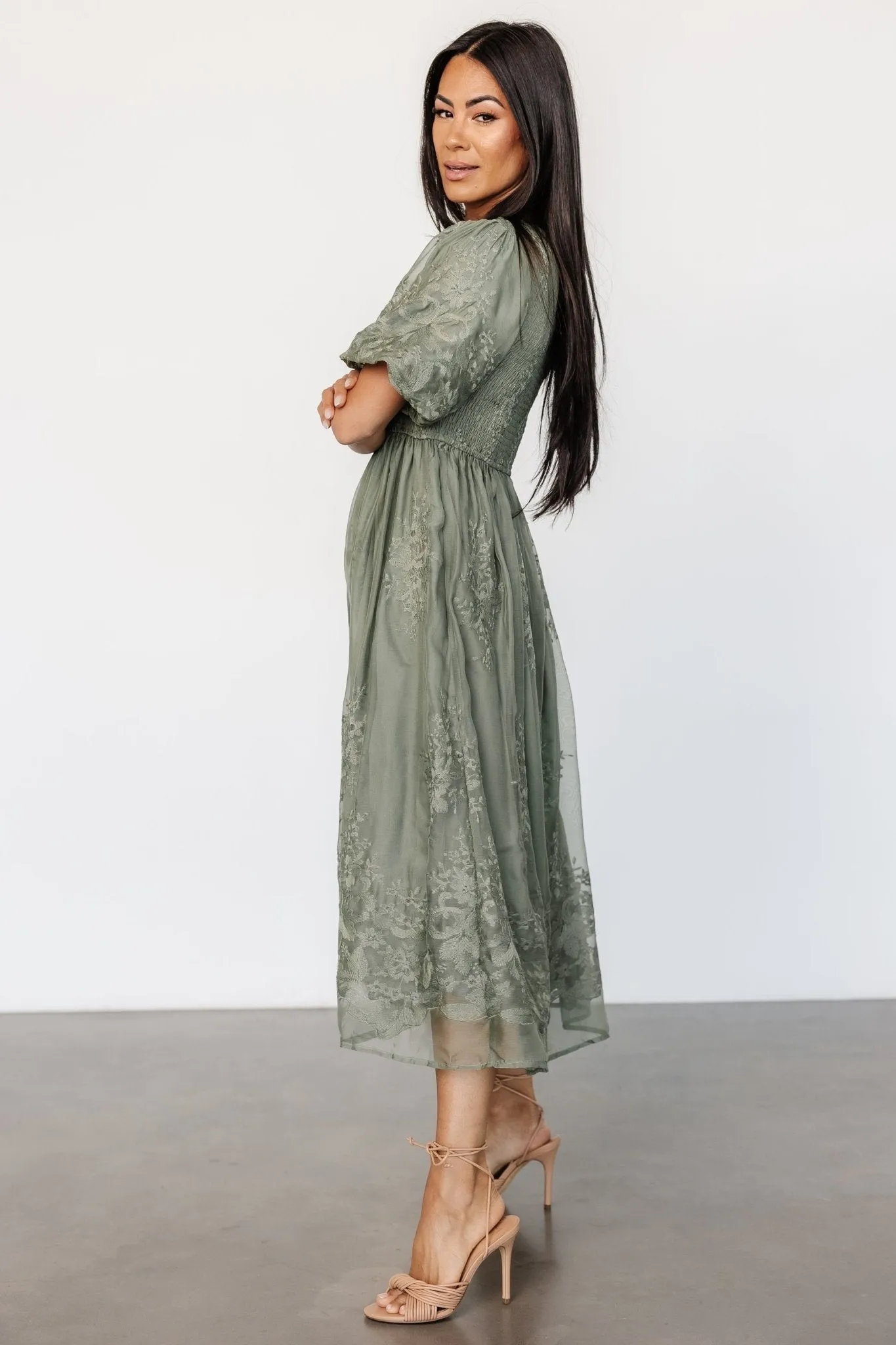Corrine Embroidered Midi Dress | Deep Sage sold by Baltic Born product image thumbnail 3
