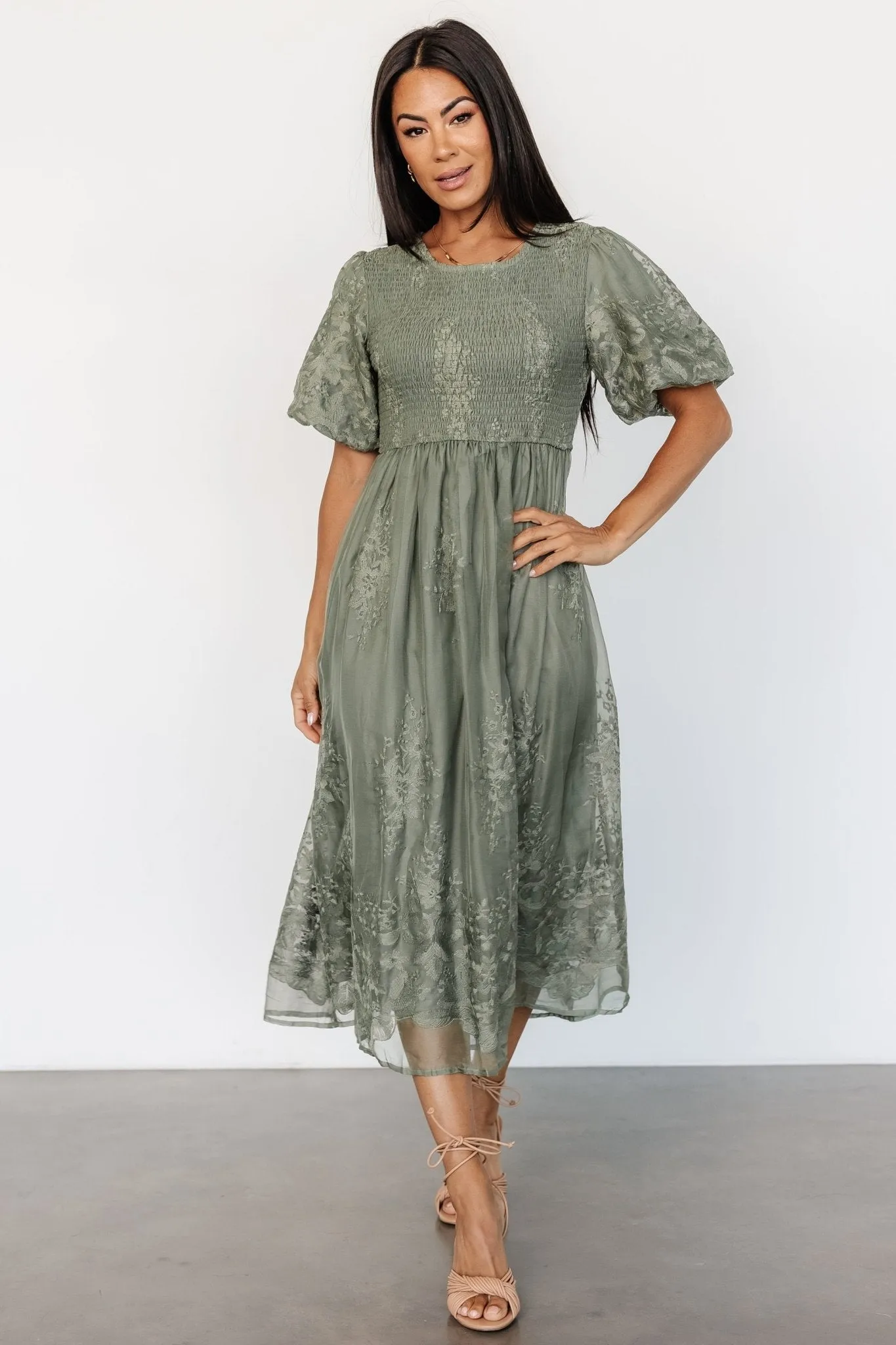 Corrine Embroidered Midi Dress | Deep Sage sold by Baltic Born