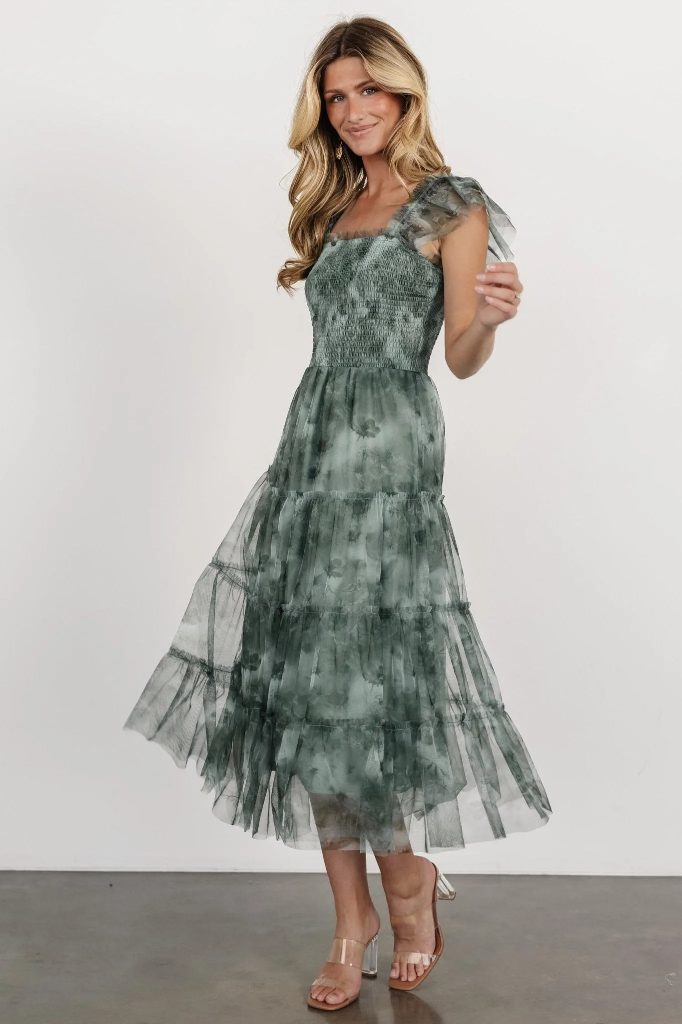 Clementine Tulle Midi Dress | Dusty Green Print sold by Baltic Born product image thumbnail 3