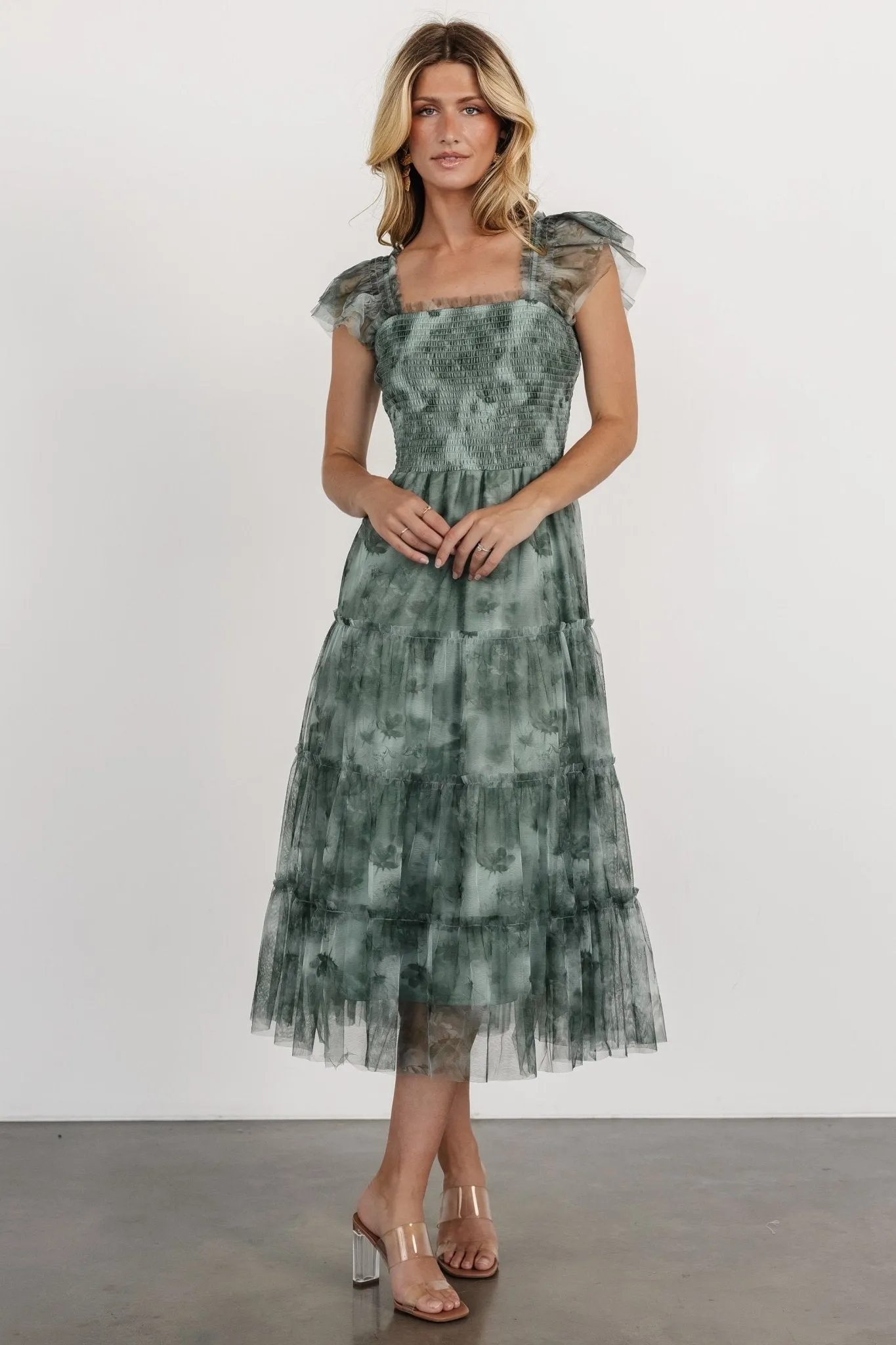 Clementine Tulle Midi Dress | Dusty Green Print sold by Baltic Born