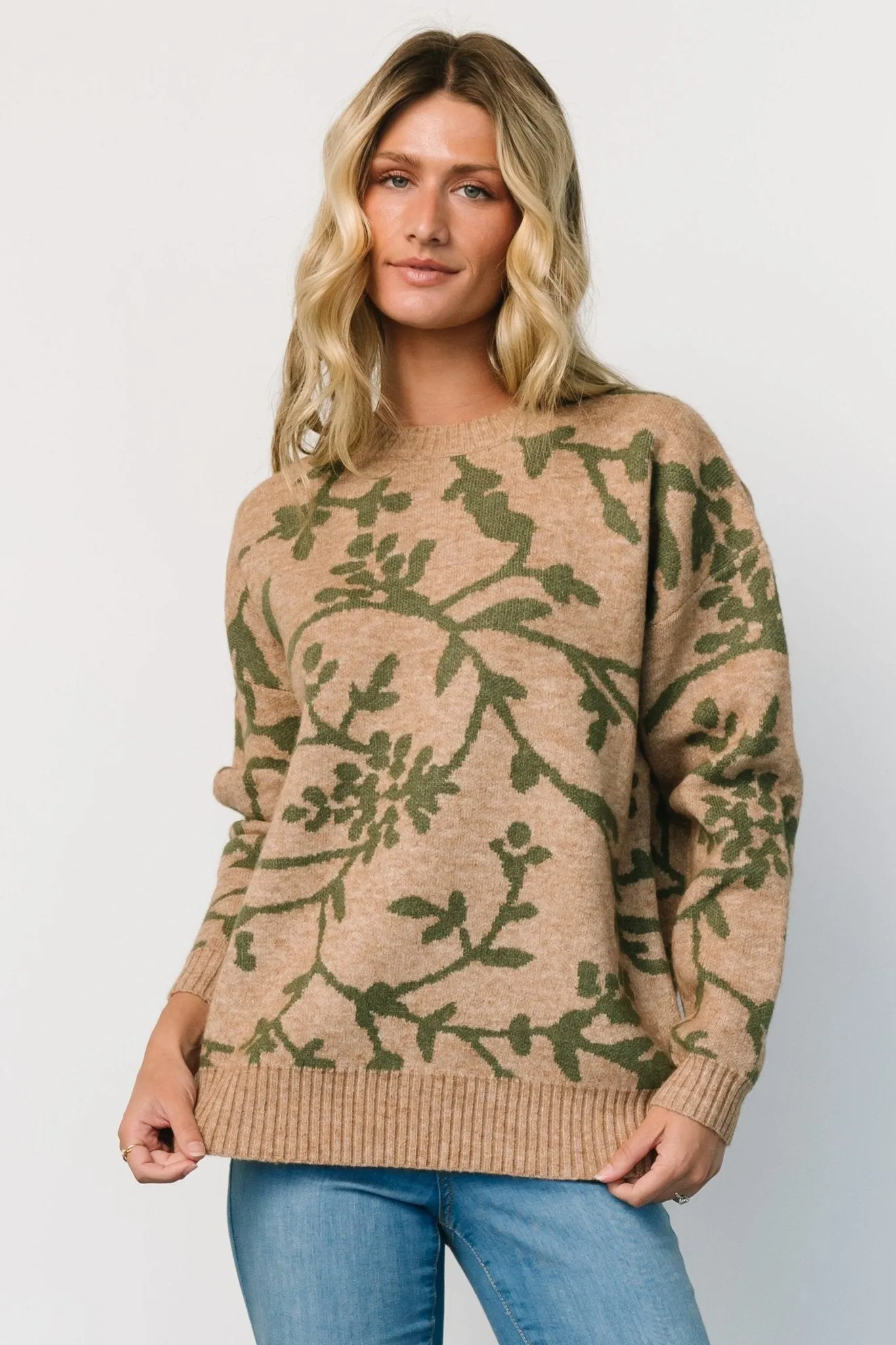 Hallstatt Sweater | Camel + Green Print sold by Baltic Born