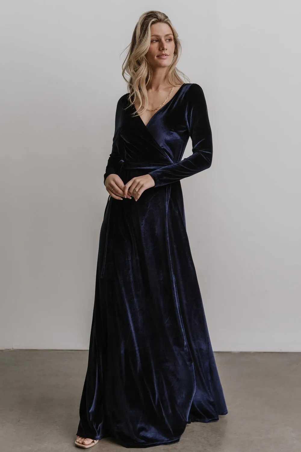 Esmerelda Velvet Wrap Maxi Dress | Navy sold by Baltic Born