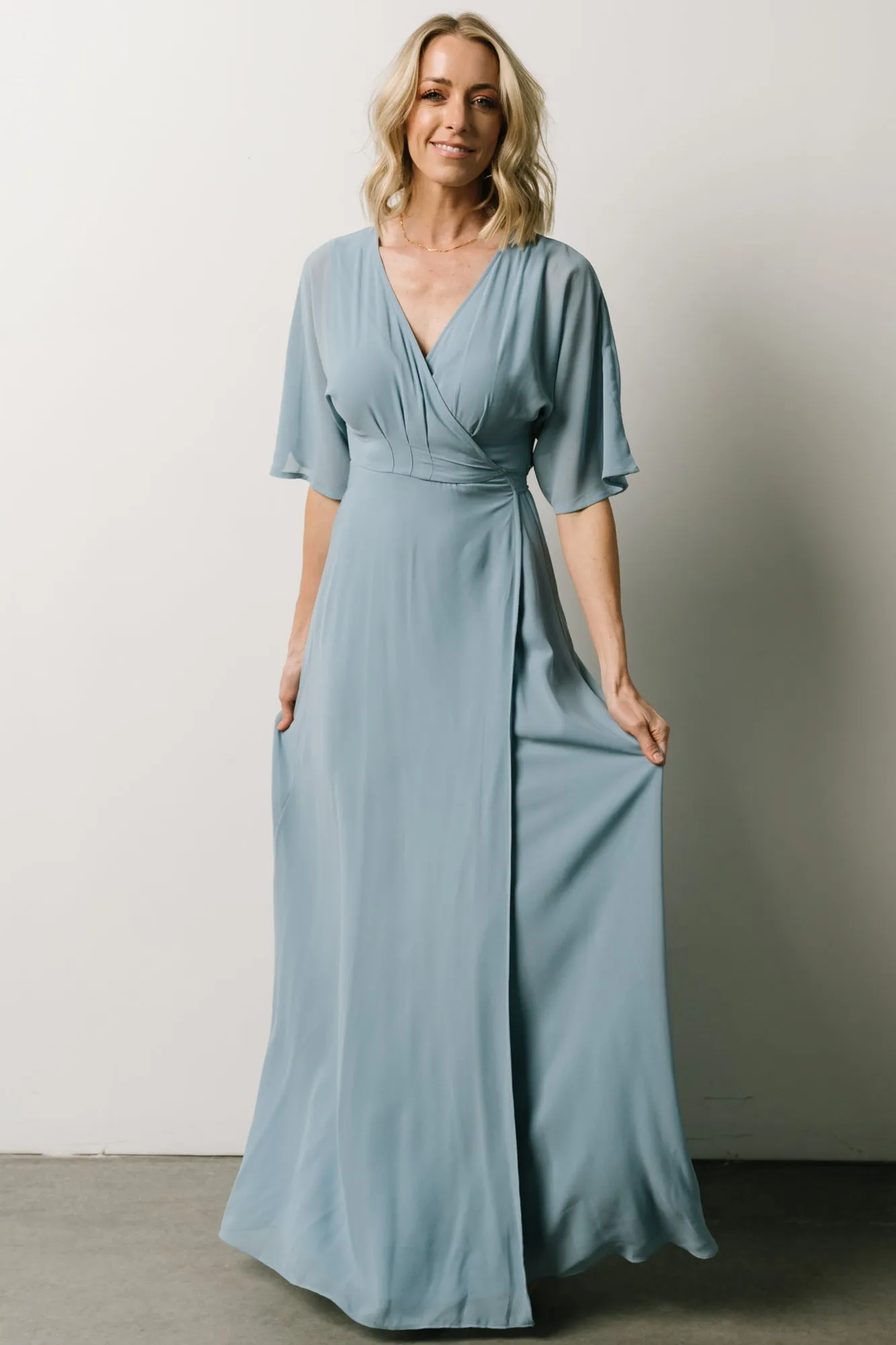 Lilly Wrap Maxi Dress | Dusty Blue sold by Baltic Born