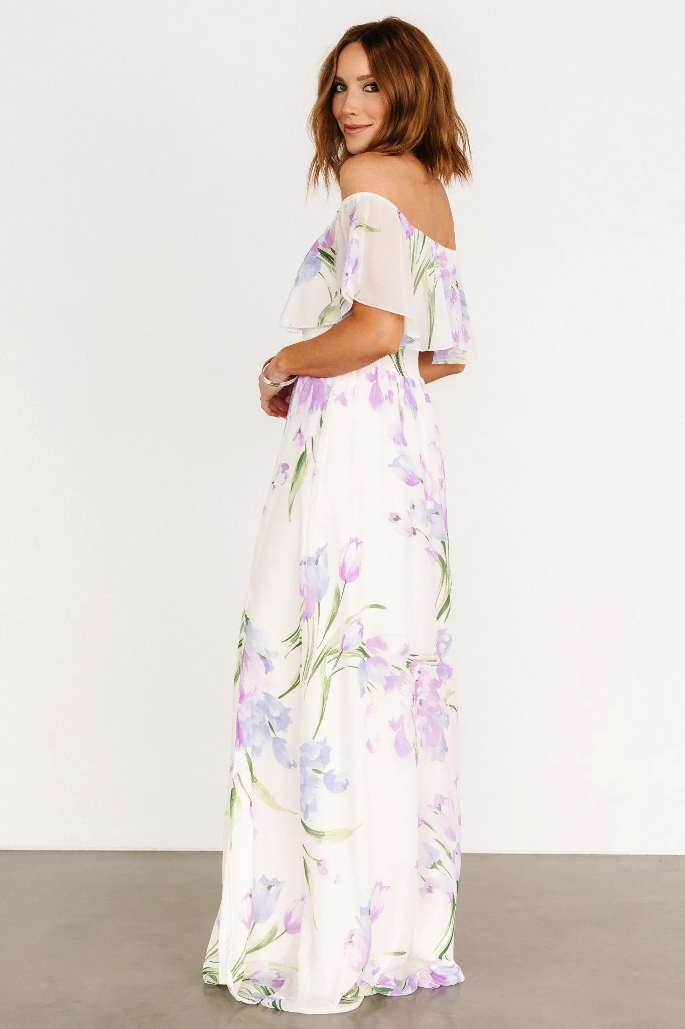 Daphne Off Shoulder Maxi Dress | Ivory + Lavender Floral sold by Baltic Born product image thumbnail 3