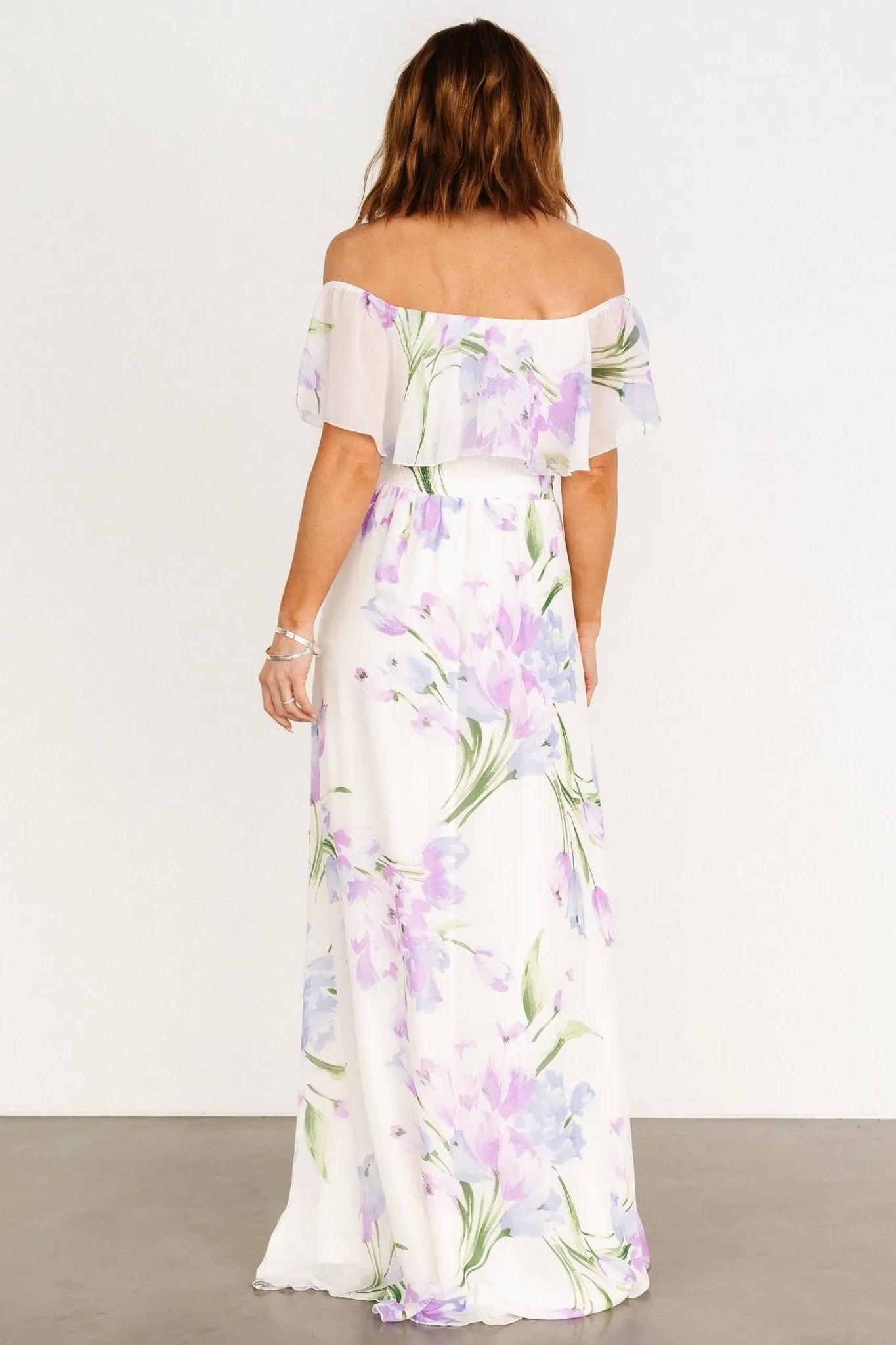 Daphne Off Shoulder Maxi Dress | Ivory + Lavender Floral sold by Baltic Born product image thumbnail 5