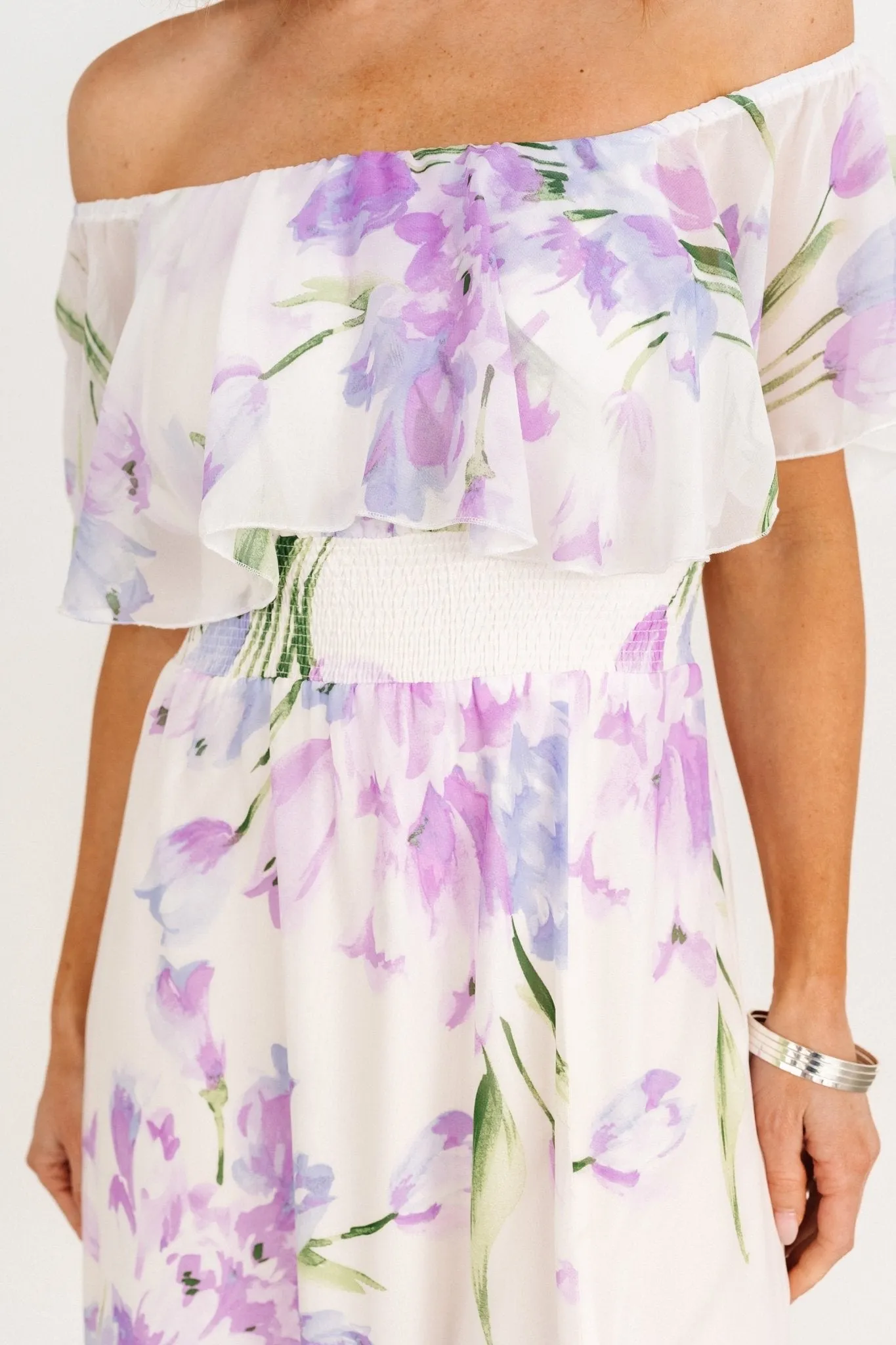 Daphne Off Shoulder Maxi Dress | Ivory + Lavender Floral sold by Baltic Born product image thumbnail 2