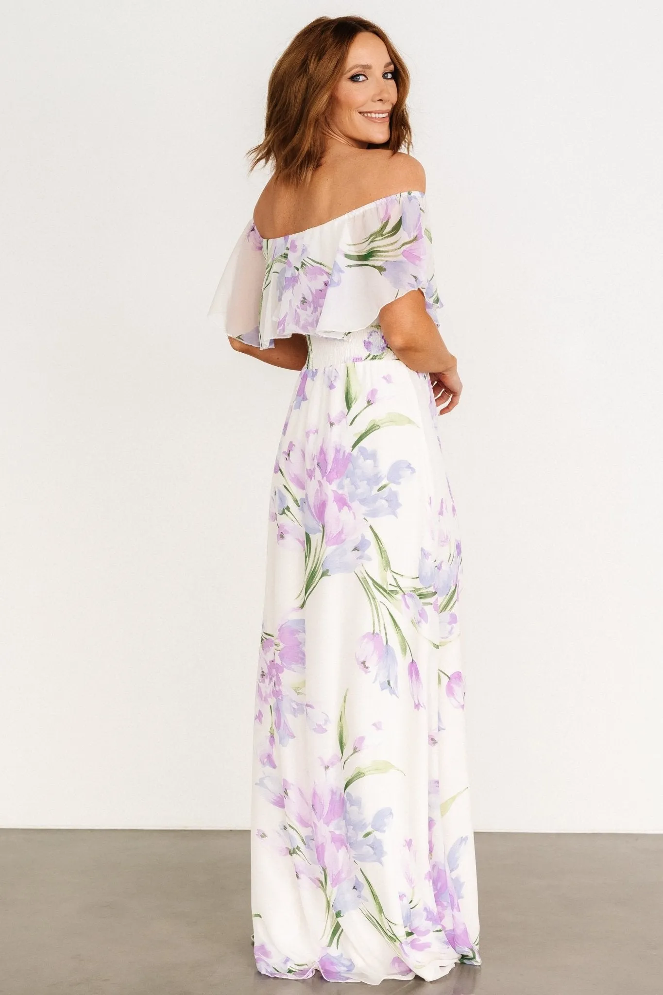 Daphne Off Shoulder Maxi Dress | Ivory + Lavender Floral sold by Baltic Born product image thumbnail 4