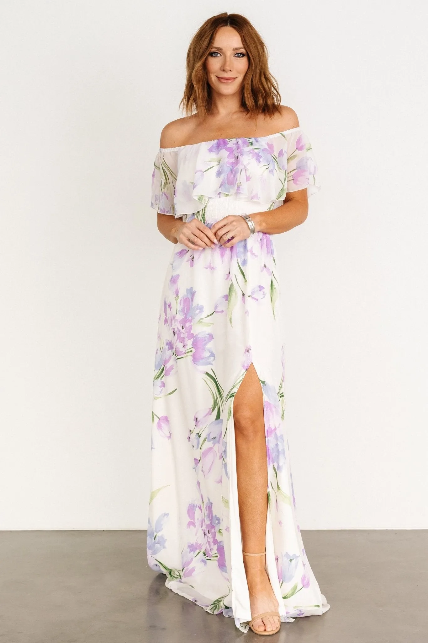 Daphne Off Shoulder Maxi Dress | Ivory + Lavender Floral sold by Baltic Born