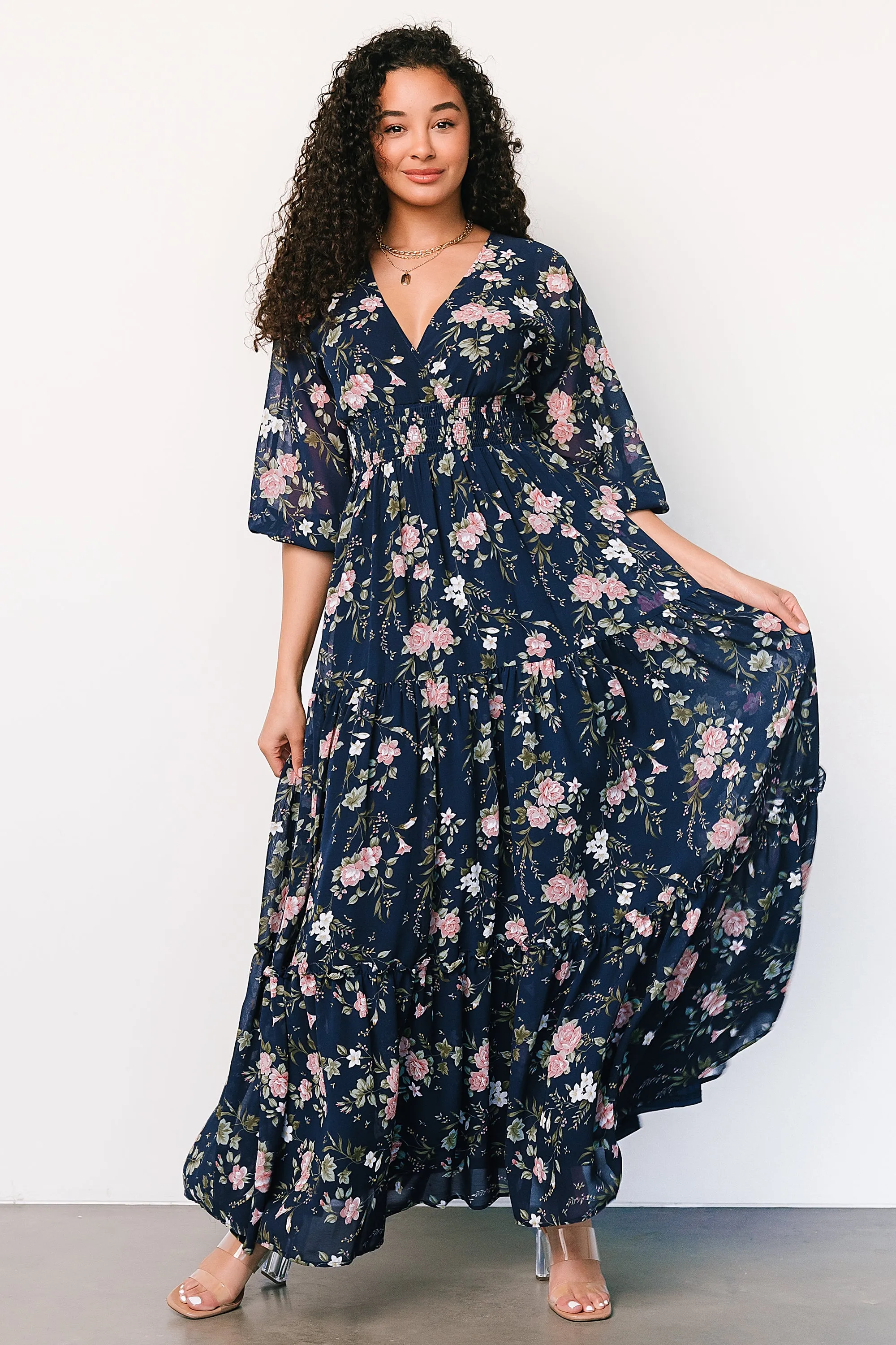 Sawyer Tiered Maxi Dress | Navy + Pink sold by Baltic Born