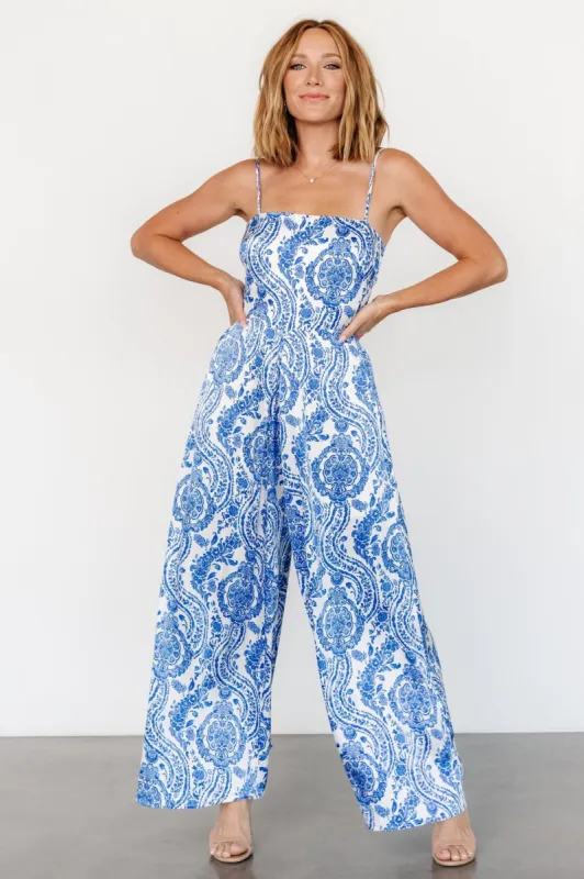 Evia Jumpsuit | Blue + White Print sold by Baltic Born