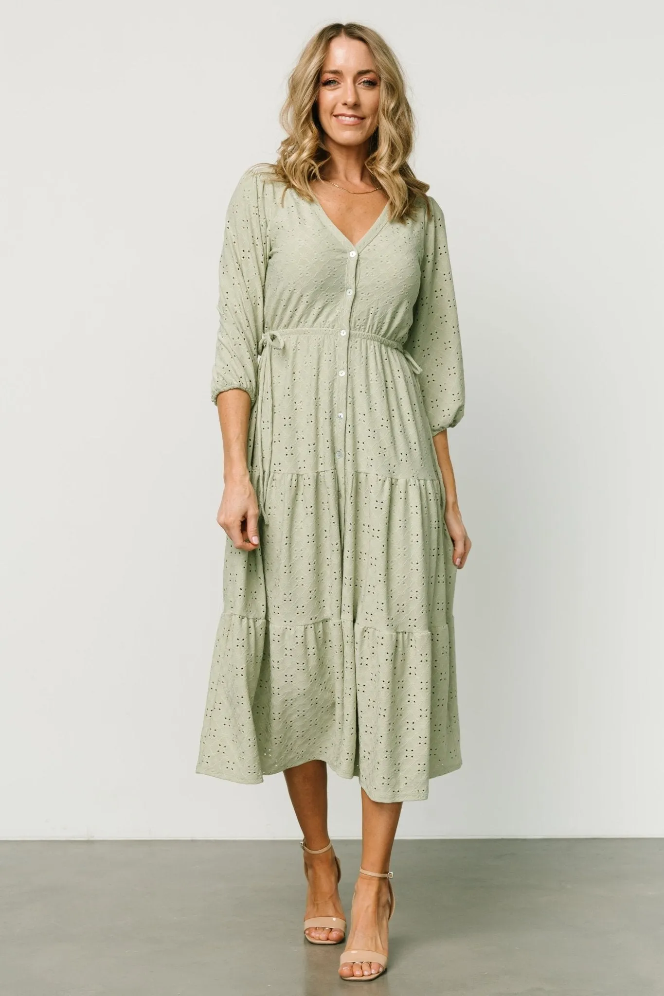 Carey Button Down Tiered Dress | Light Sage sold by Baltic Born
