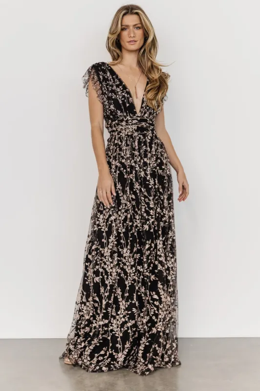 Arlene Shimmer Gown | Black + Rose Gold sold by Baltic Born
