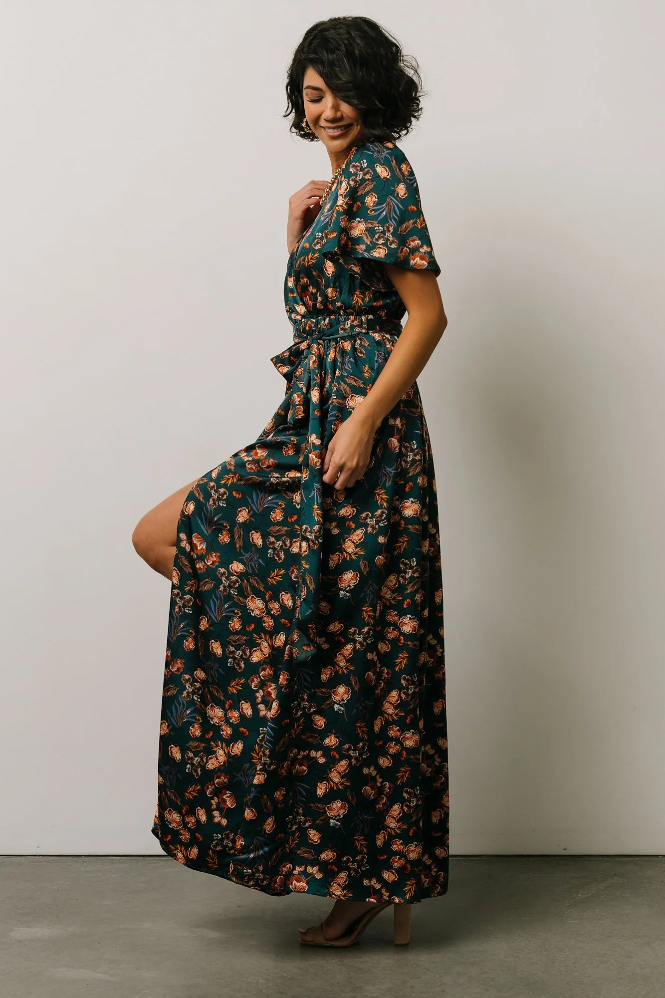Sicily Satin Maxi Dress | Jade Multi Print sold by Baltic Born product image thumbnail 5