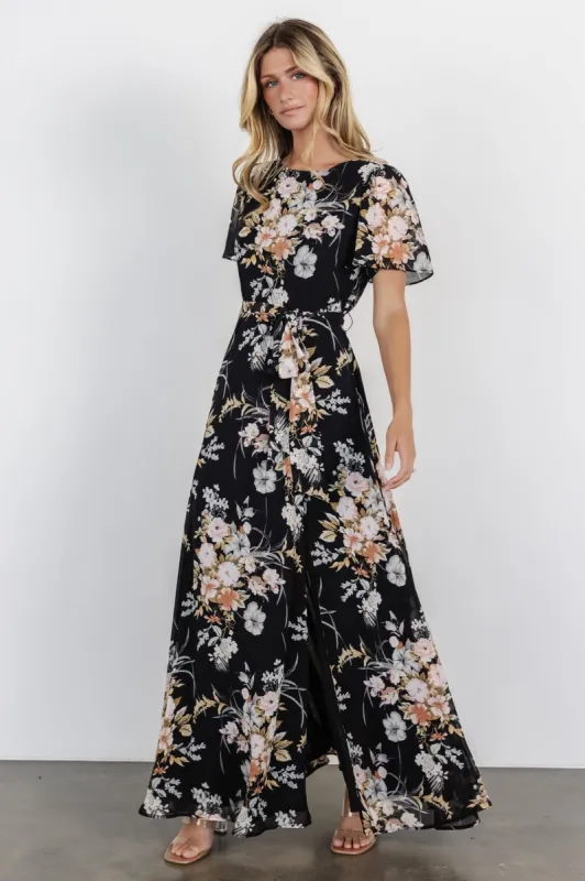 Naomi Short Sleeve Maxi Dress | Black Floral sold by Baltic Born