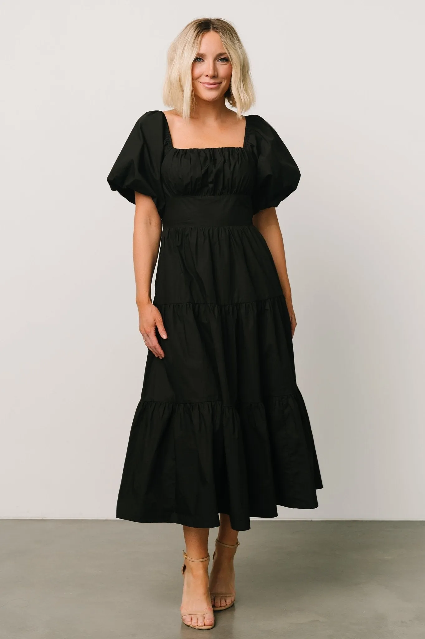 Cindy Puff Sleeve Tiered Dress | Black sold by Baltic Born