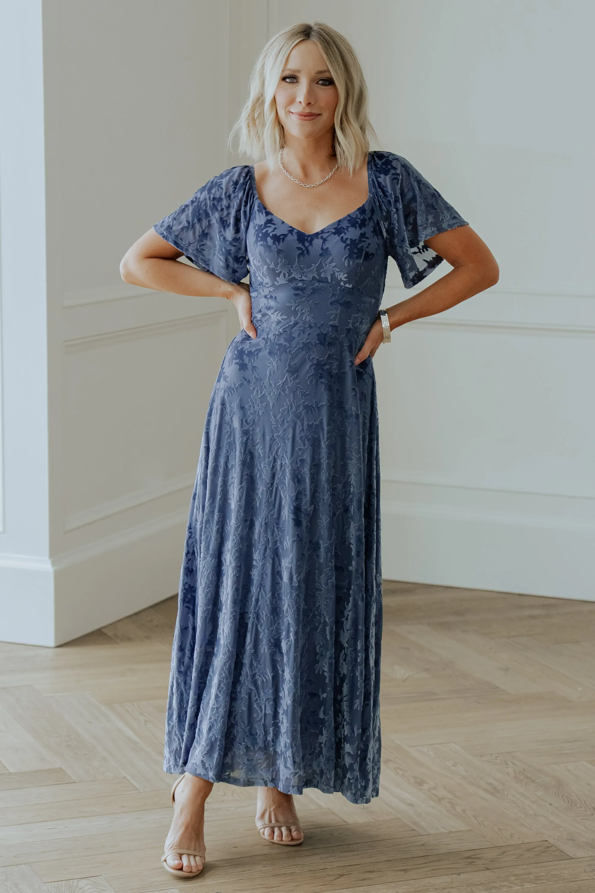 Everley Velvet Maxi Dress | Whisper Blue sold by Baltic Born