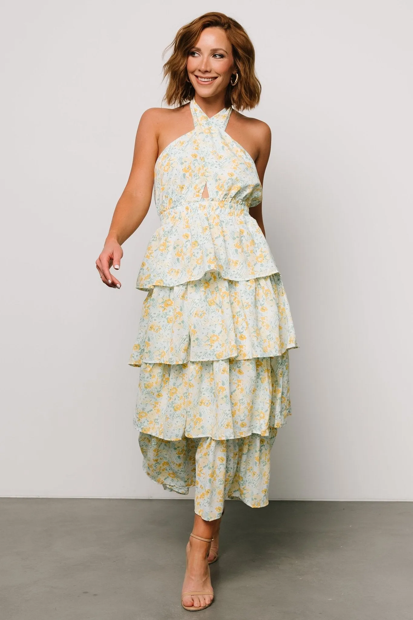 Chelles Halter Tiered Dress | Blue + Yellow sold by Baltic Born