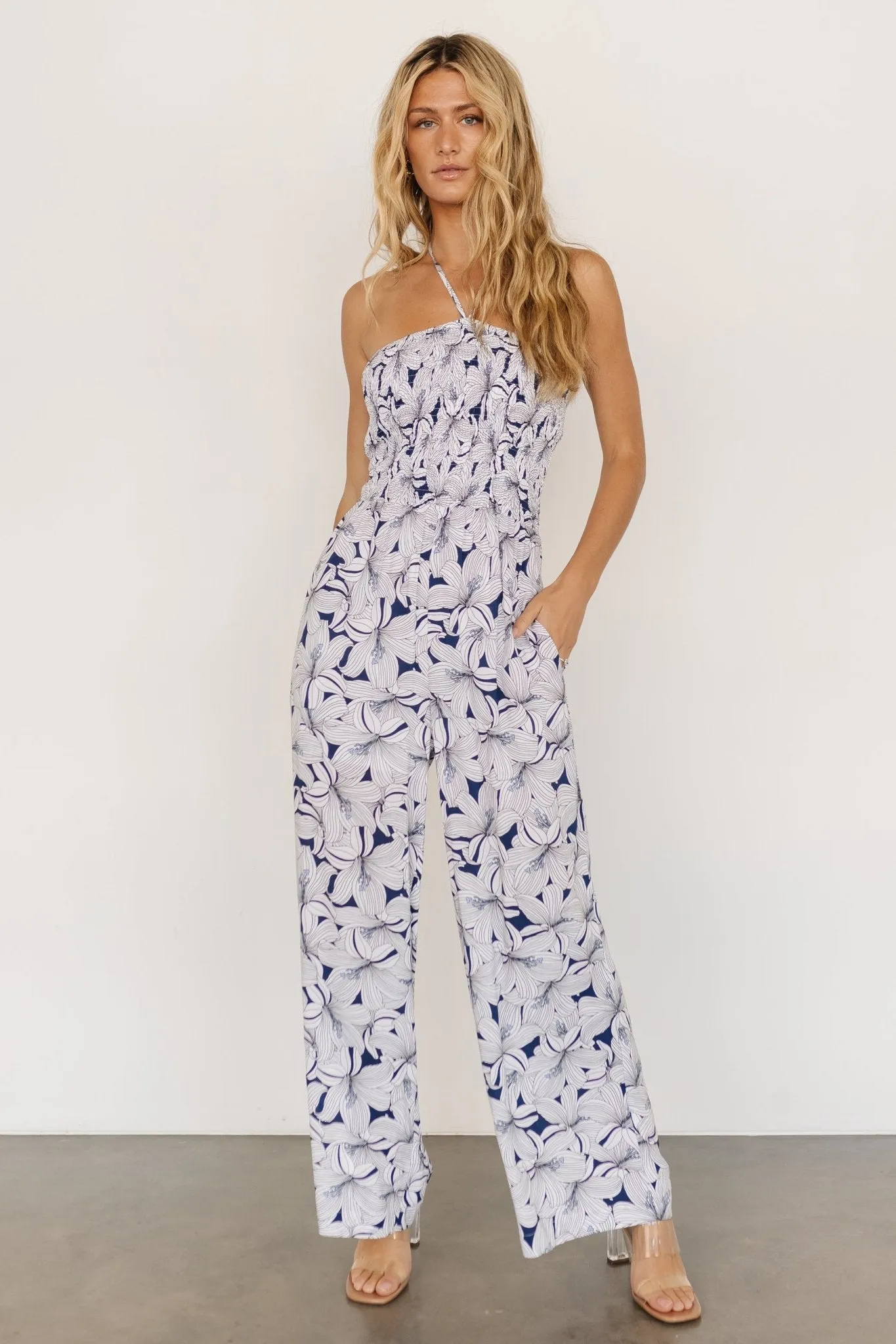 Santa Ana Halter Jumpsuit | Navy + White sold by Baltic Born