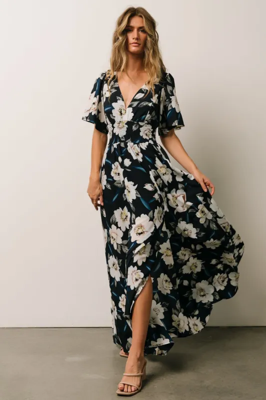 Verona Smocked Maxi Dress | Navy + White Floral sold by Baltic Born