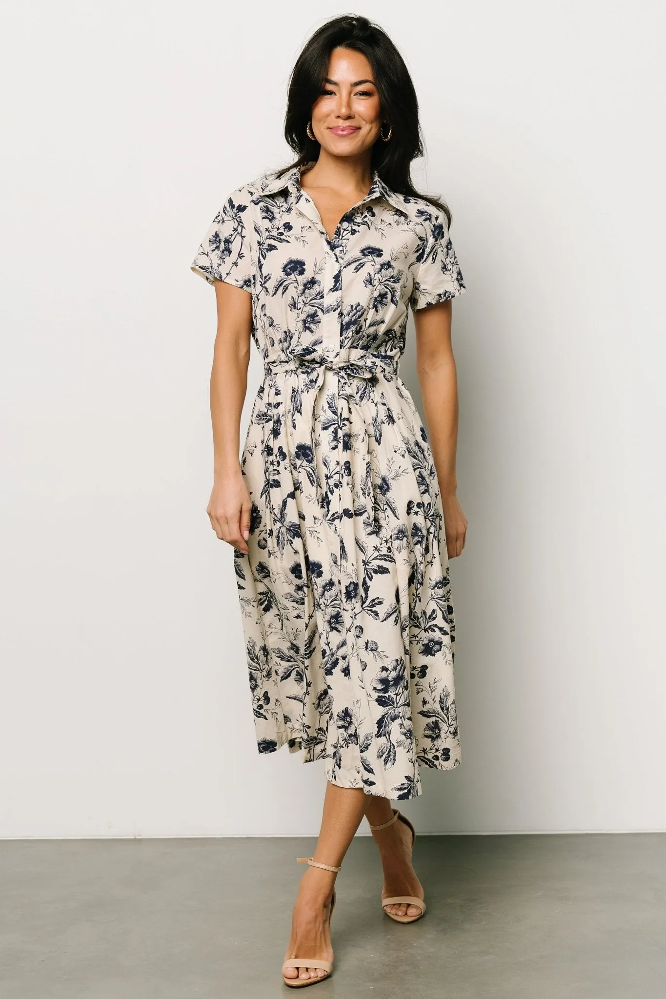 Lorna Midi Dress | Beige + Navy Print sold by Baltic Born