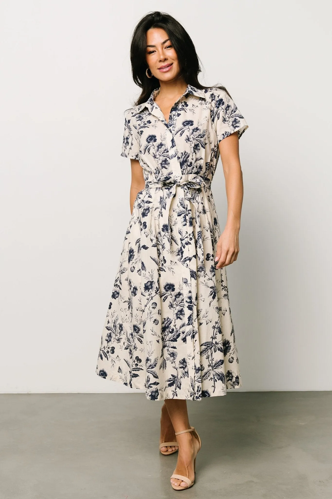 Lorna Midi Dress | Beige + Navy Print sold by Baltic Born product image thumbnail 5
