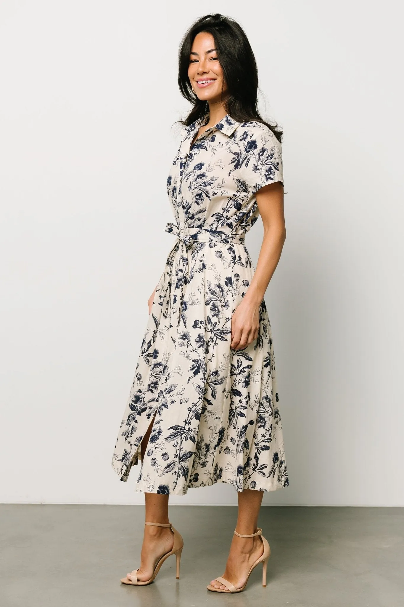 Lorna Midi Dress | Beige + Navy Print sold by Baltic Born product image thumbnail 2