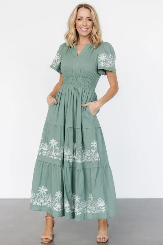 Kennedy Embroidered Maxi Dress | Dark Sage sold by Baltic Born