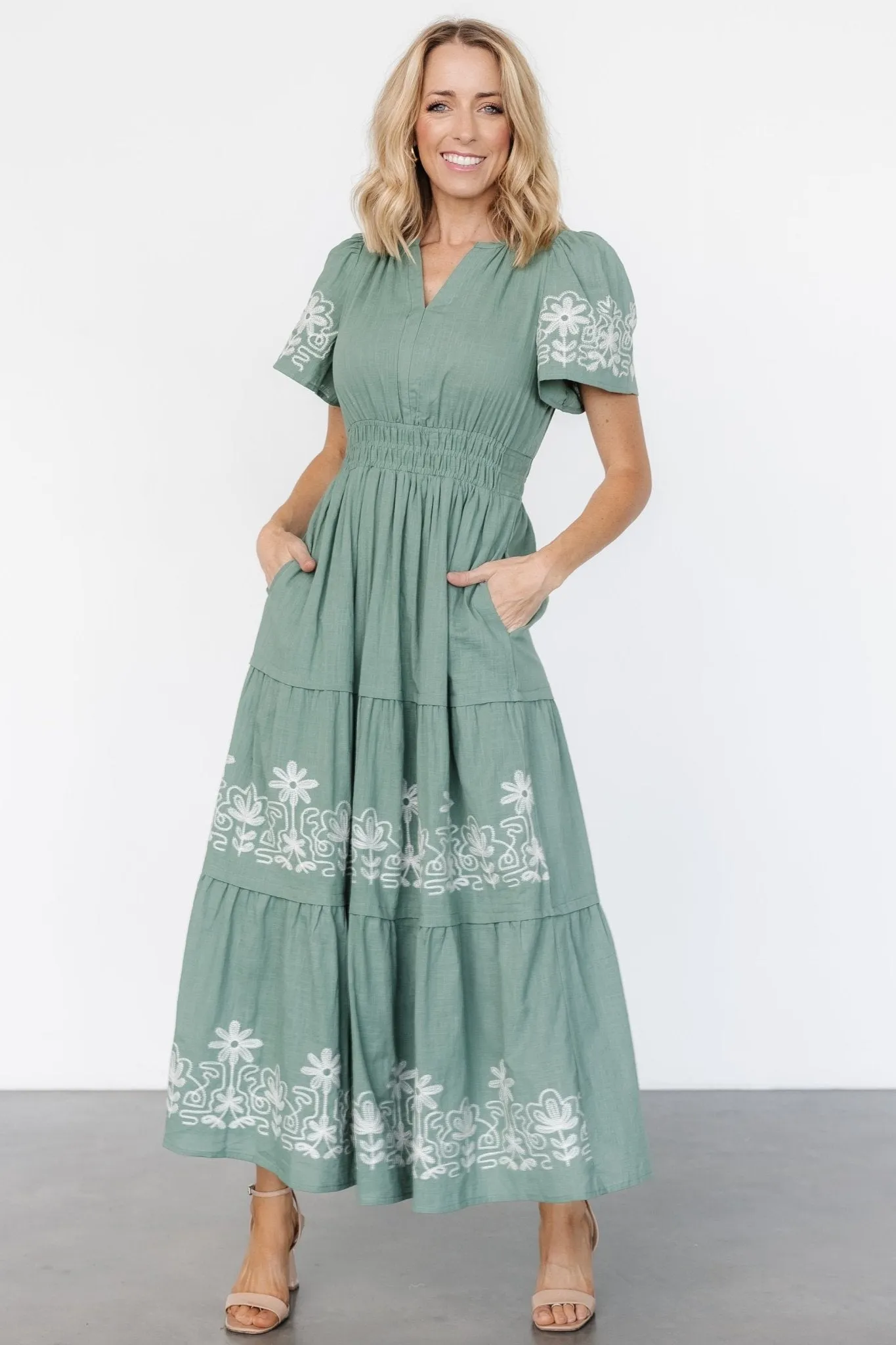 Kennedy Embroidered Maxi Dress | Dark Sage sold by Baltic Born