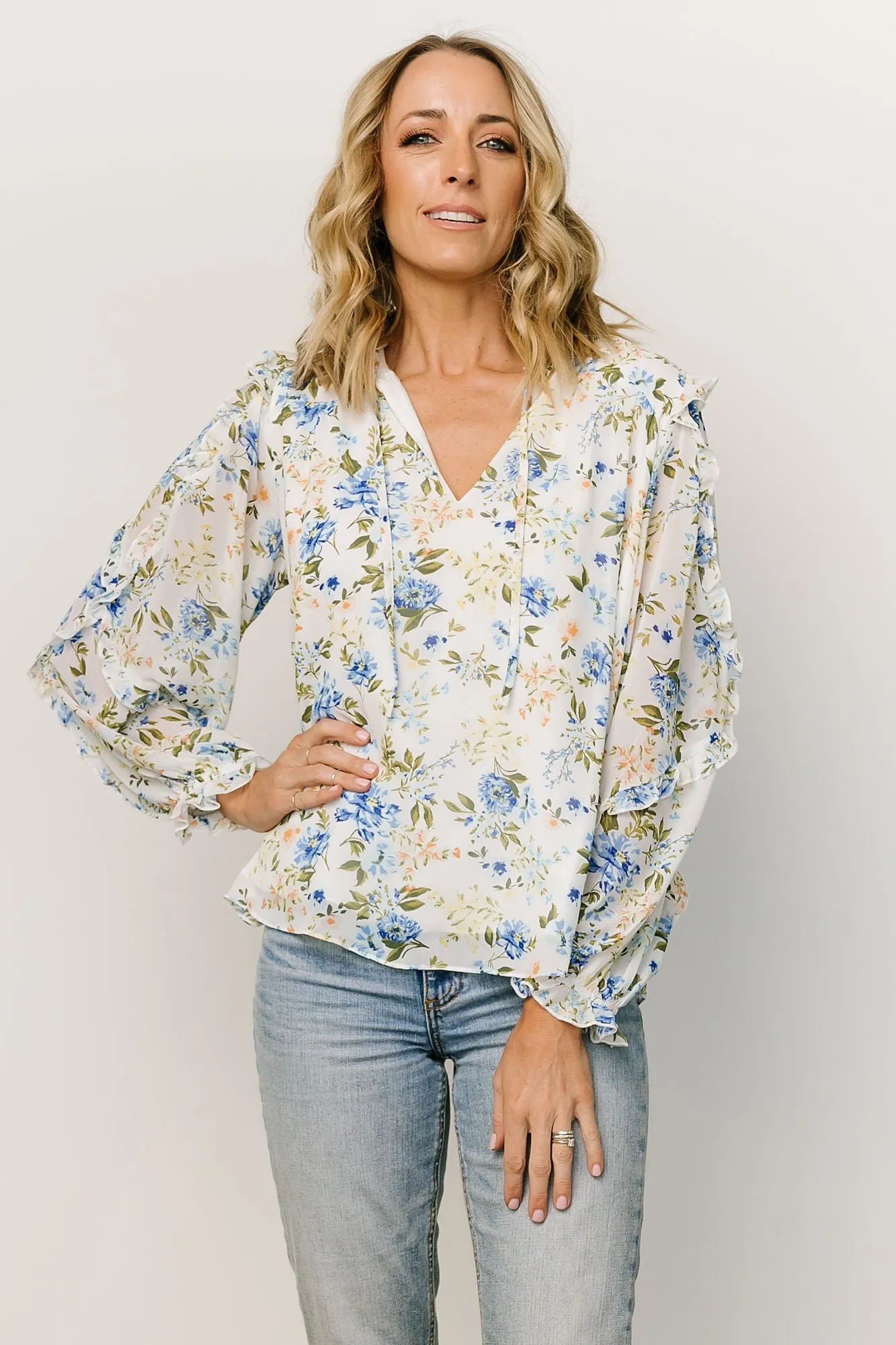 Karlie Long Sleeve Ruffle Top | Blue Floral sold by Baltic Born