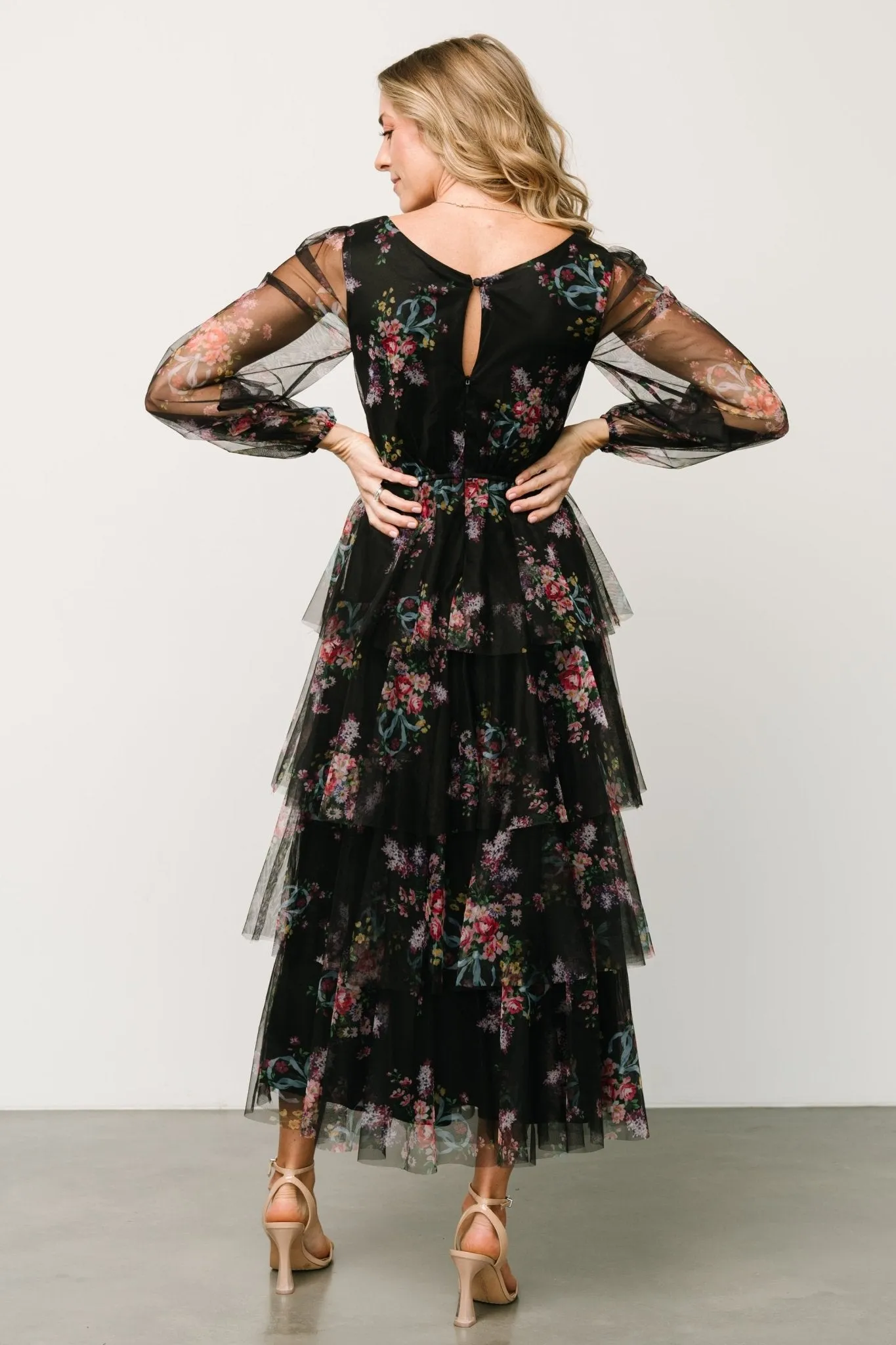 Carolina Tulle Tiered Maxi Dress | Black Floral sold by Baltic Born product image thumbnail 4