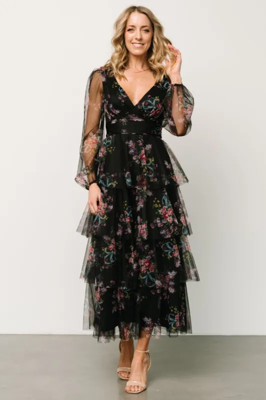 Carolina Tulle Tiered Maxi Dress | Black Floral sold by Baltic Born