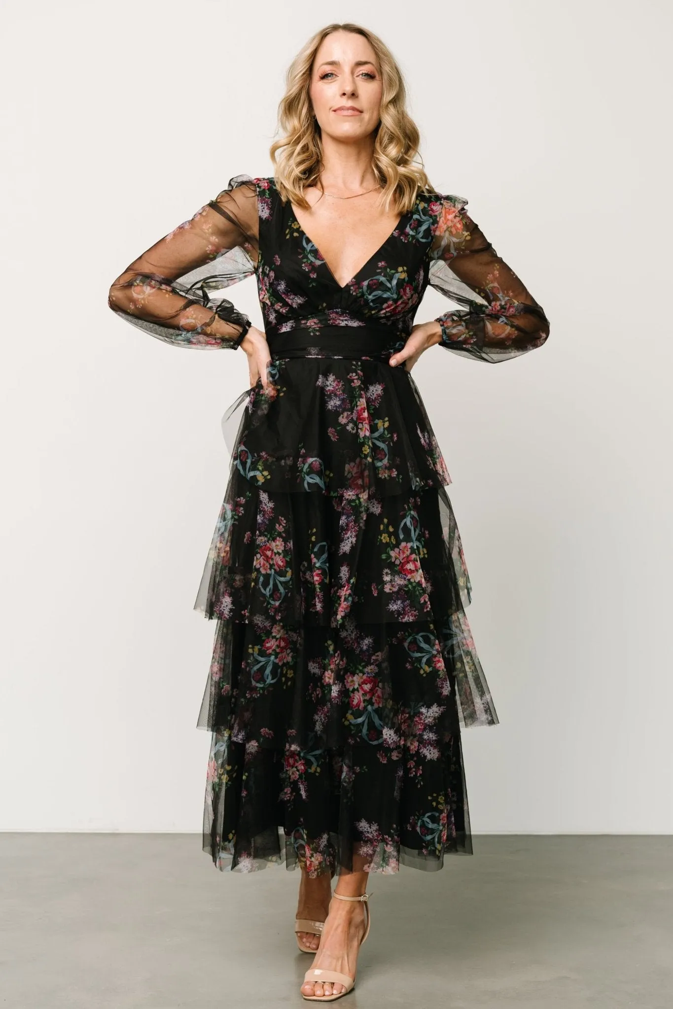 Carolina Tulle Tiered Maxi Dress | Black Floral sold by Baltic Born product image thumbnail 5