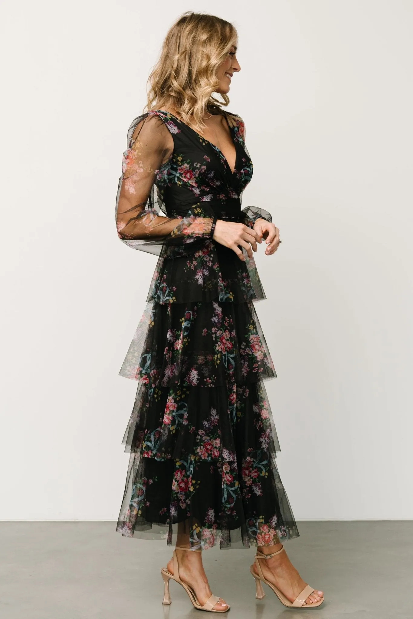 Carolina Tulle Tiered Maxi Dress | Black Floral sold by Baltic Born product image thumbnail 3