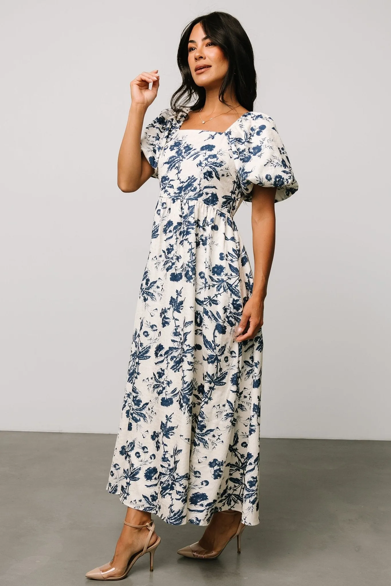 Graceland Maxi Dress | Cream + Navy Floral sold by Baltic Born