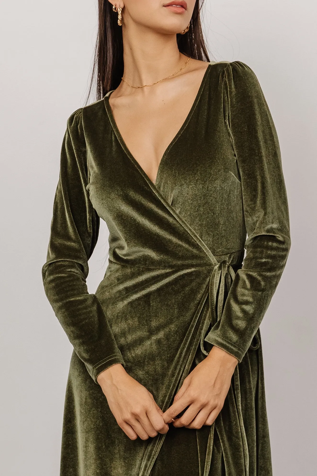Esmerelda Velvet Wrap Maxi Dress | Olive sold by Baltic Born product image thumbnail 4