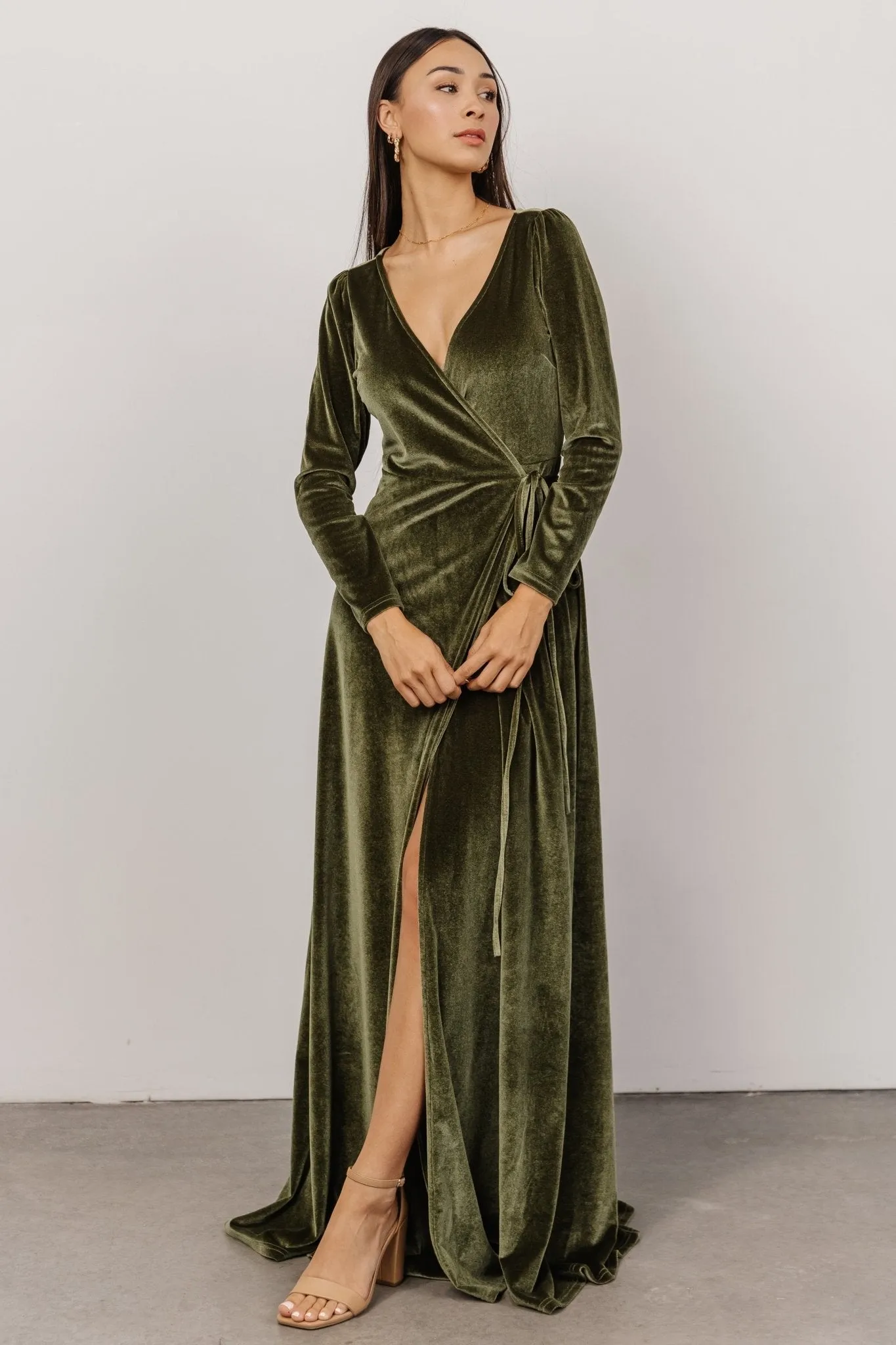 Esmerelda Velvet Wrap Maxi Dress | Olive sold by Baltic Born